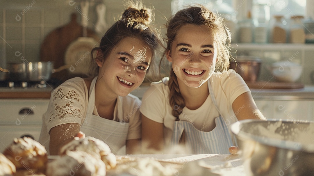 O vínculo alegre entre uma mãe e sua filha adolescente enquanto elas fazem um bolo juntas