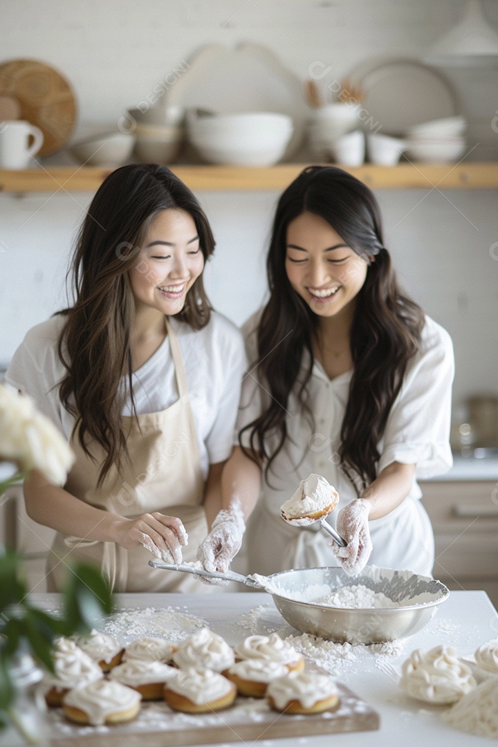 O vínculo alegre entre uma mãe e sua filha adolescente enquanto elas fazem um bolo juntas