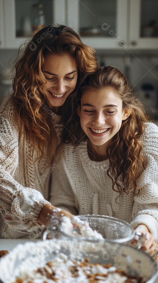 O vínculo alegre entre uma mãe e sua filha adolescente enquanto elas fazem um bolo juntas