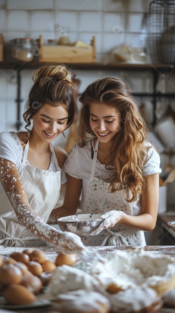 O vínculo alegre entre uma mãe e sua filha adolescente enquanto elas fazem um bolo juntas