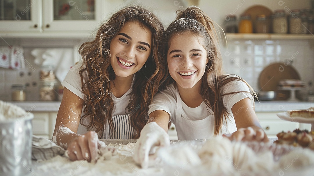 O vínculo alegre entre uma mãe e sua filha adolescente enquanto elas fazem um bolo juntas