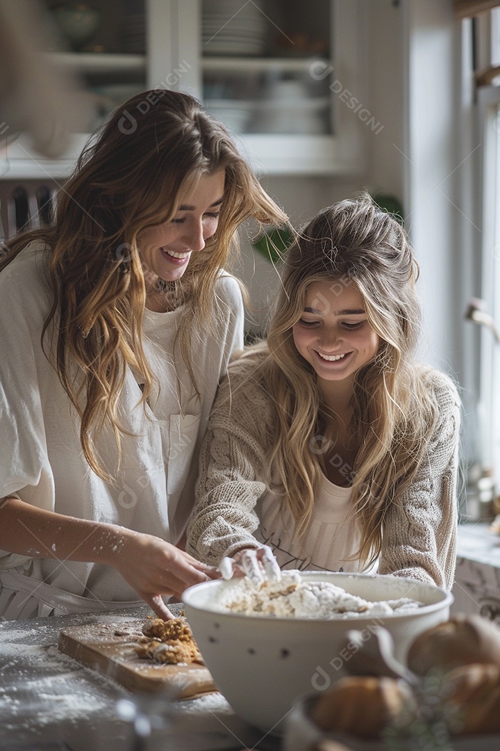 O vínculo alegre entre uma mãe e sua filha adolescente enquanto elas fazem um bolo juntas