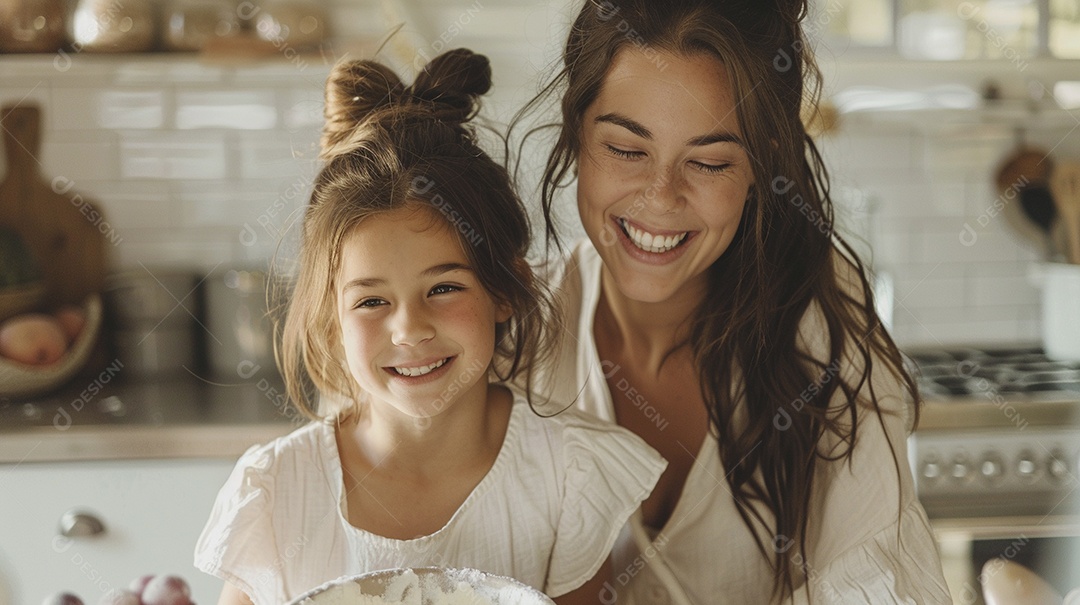 O vínculo alegre entre uma mãe e sua filha adolescente enquanto elas fazem um bolo juntas