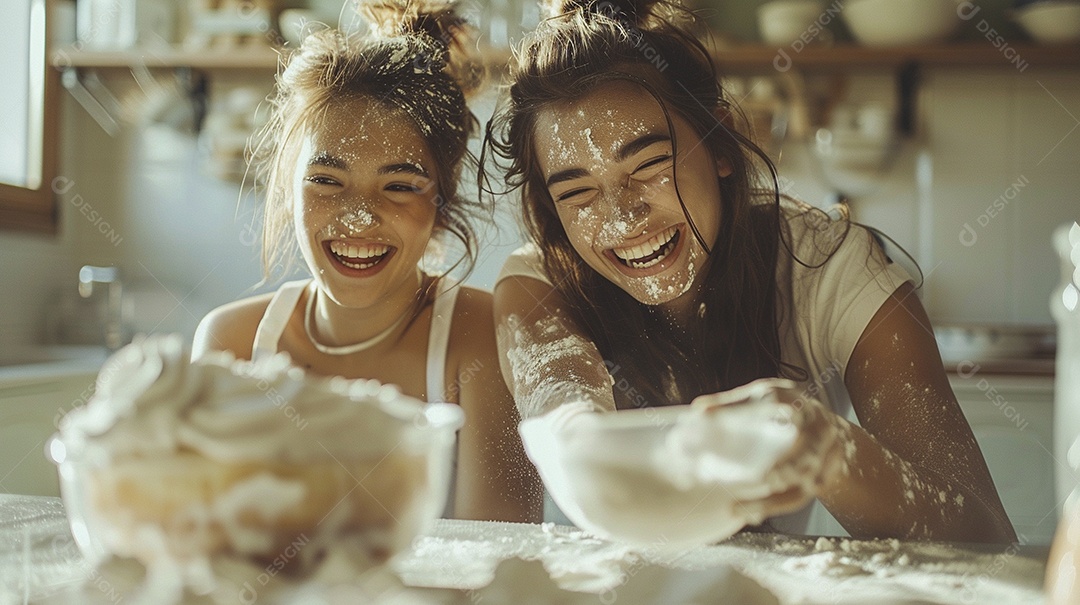 O vínculo alegre entre uma mãe e sua filha adolescente enquanto elas fazem um bolo juntas
