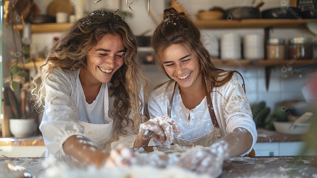 O vínculo alegre entre uma mãe e sua filha adolescente enquanto elas fazem um bolo juntas