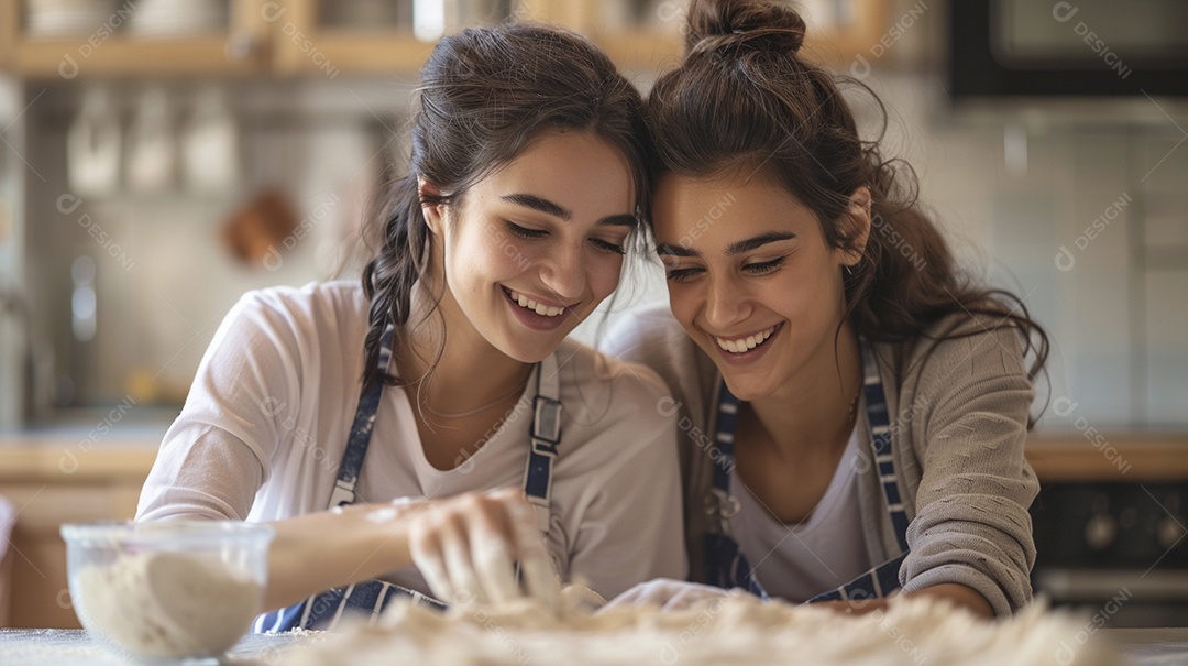 O vínculo alegre entre uma mãe e sua filha adolescente enquanto elas fazem um bolo juntas
