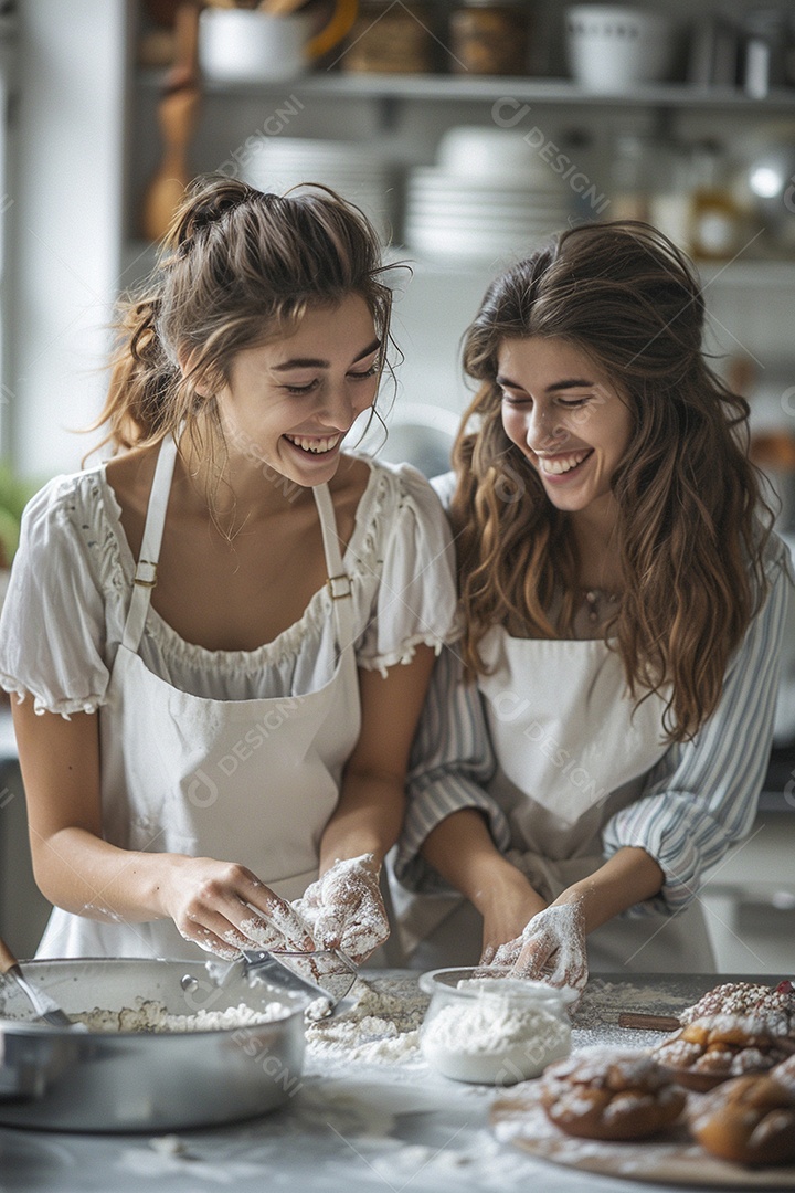 O vínculo alegre entre uma mãe e sua filha adolescente enquanto elas fazem um bolo juntas