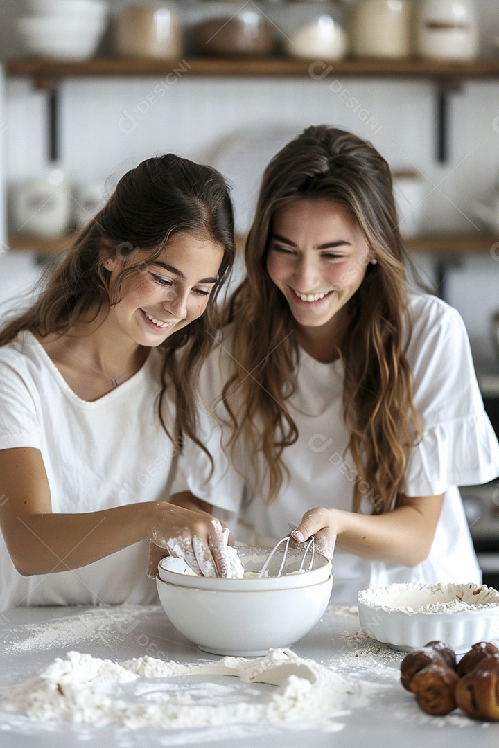 O vínculo alegre entre uma mãe e sua filha adolescente enquanto elas fazem um bolo juntas