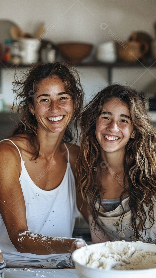 O vínculo alegre entre uma mãe e sua filha adolescente enquanto elas fazem um bolo juntas