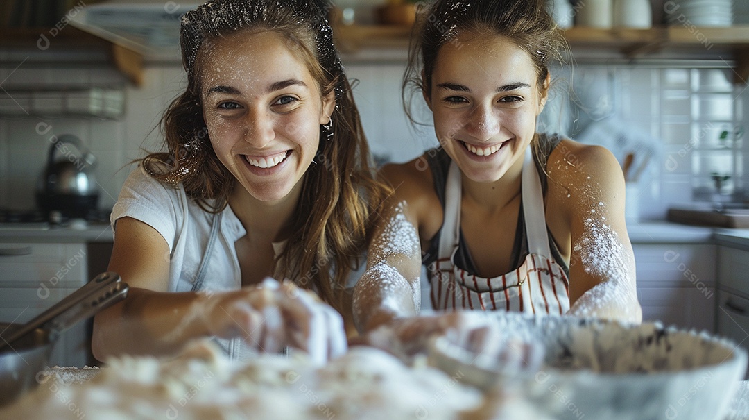 O vínculo alegre entre uma mãe e sua filha adolescente enquanto elas fazem um bolo juntas