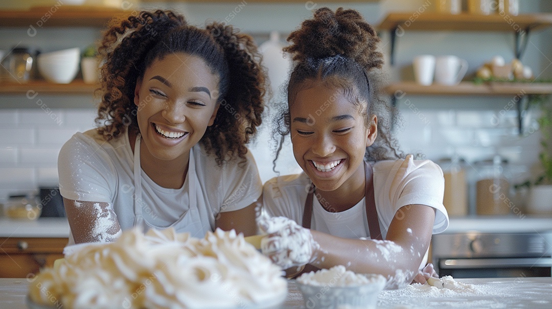 O vínculo alegre entre uma mãe e sua filha adolescente enquanto elas fazem um bolo juntas