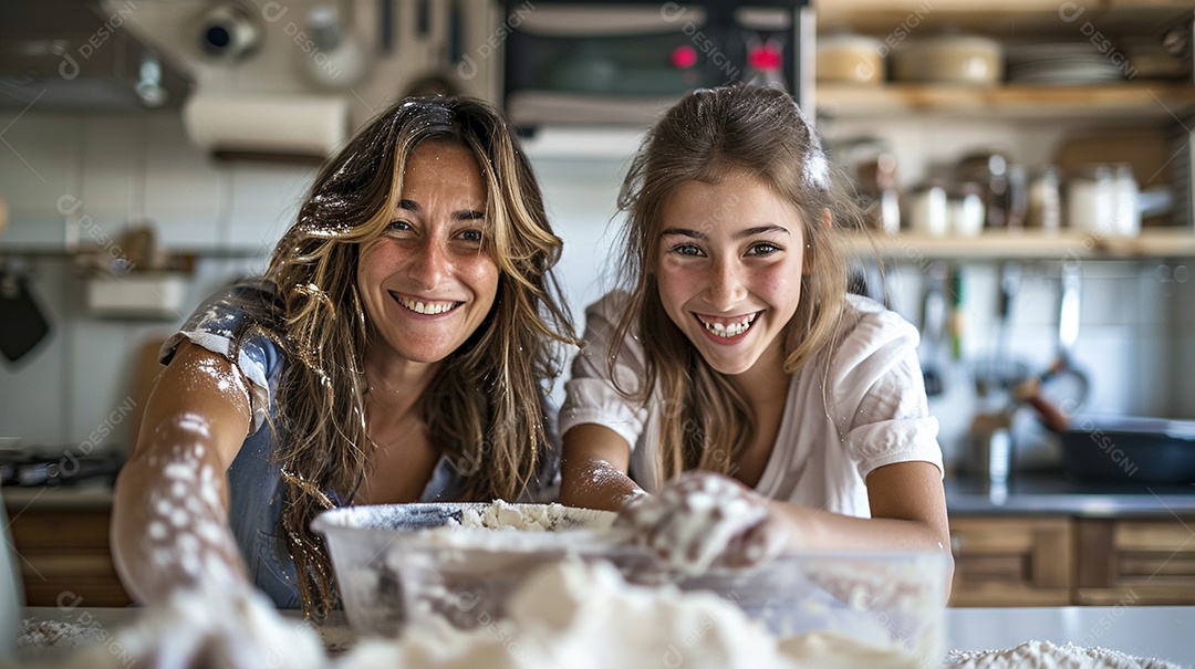 O vínculo alegre entre uma mãe e sua filha adolescente enquanto elas fazem um bolo juntas