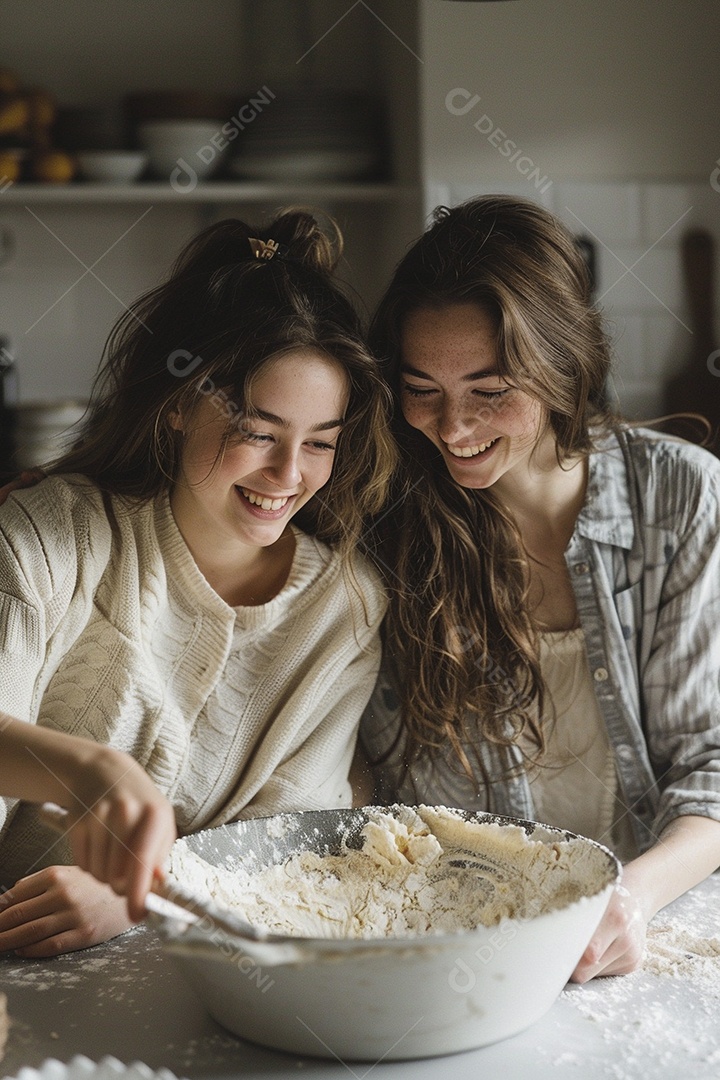 O vínculo alegre entre uma mãe e sua filha adolescente enquanto elas fazem um bolo juntas