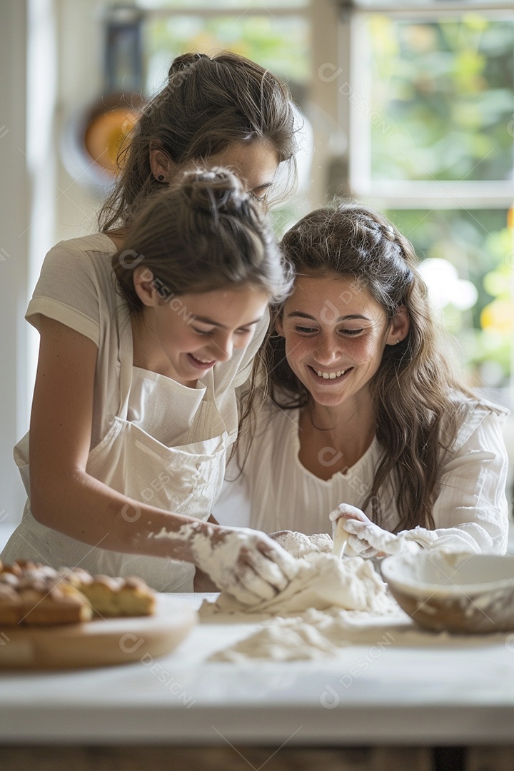 O vínculo alegre entre uma mãe e sua filha adolescente enquanto elas fazem um bolo juntas