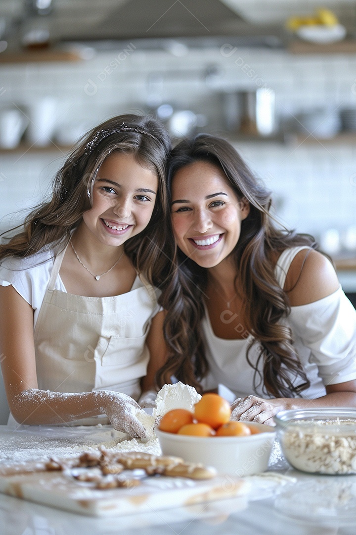 O vínculo alegre entre uma mãe e sua filha adolescente enquanto elas fazem um bolo juntas