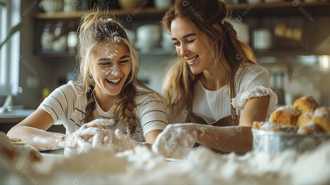 O vínculo alegre entre uma mãe e sua filha adolescente enquanto elas fazem um bolo juntas