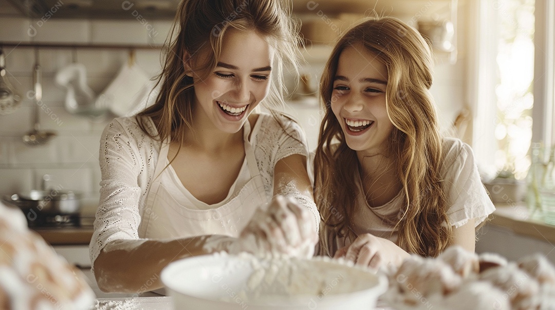 O vínculo alegre entre uma mãe e sua filha adolescente enquanto elas fazem um bolo juntas