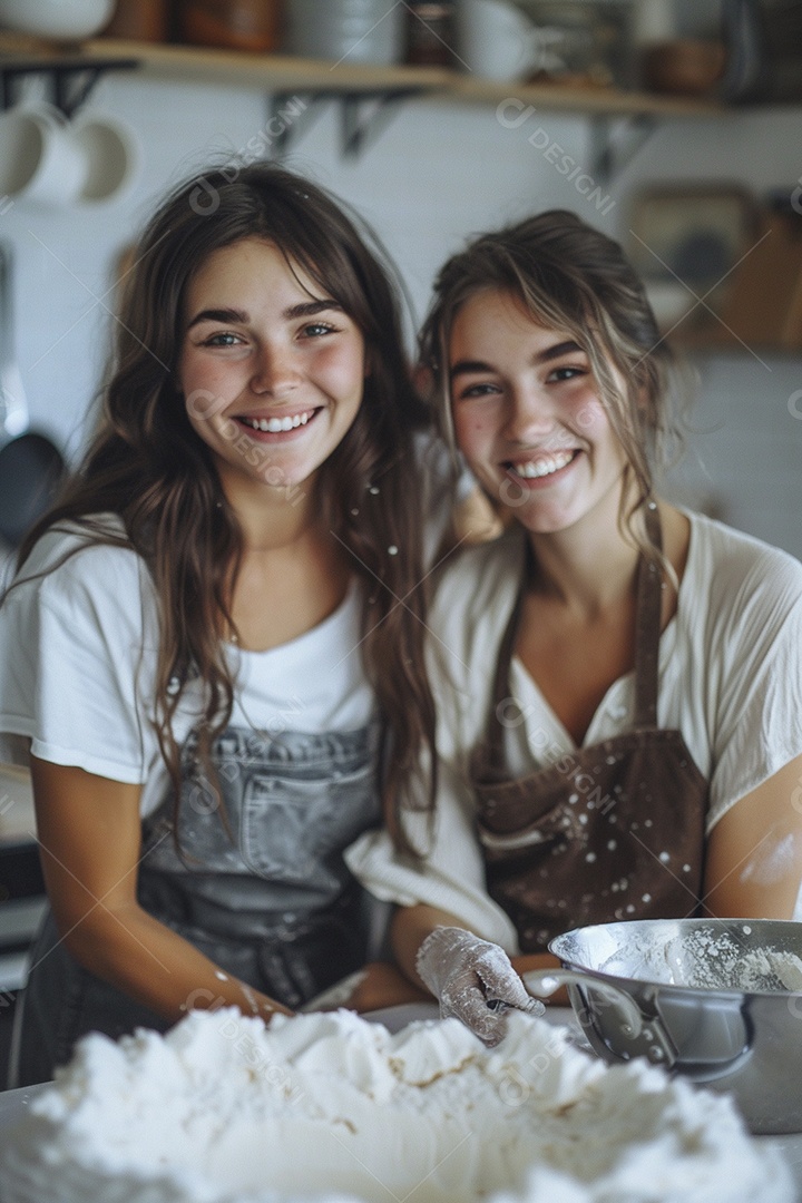 O vínculo alegre entre uma mãe e sua filha adolescente enquanto elas fazem um bolo juntas