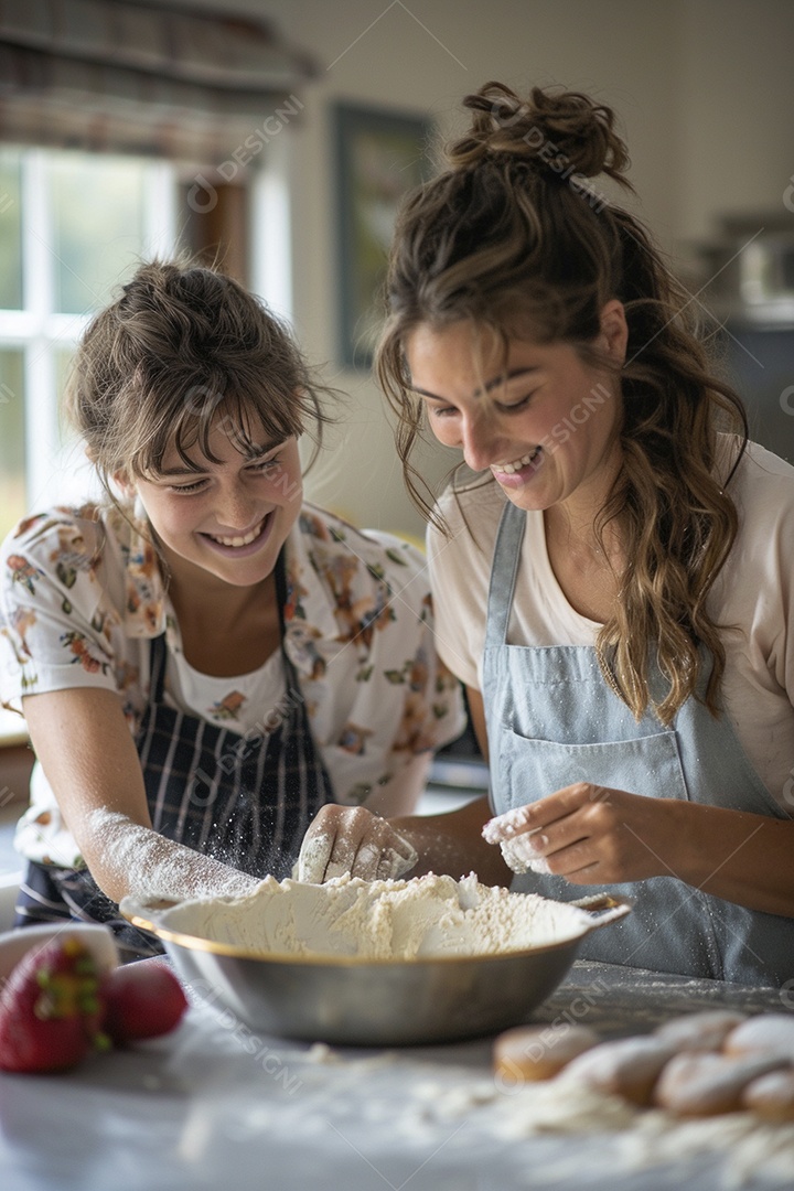 O vínculo alegre entre uma mãe e sua filha adolescente enquanto elas fazem um bolo juntas