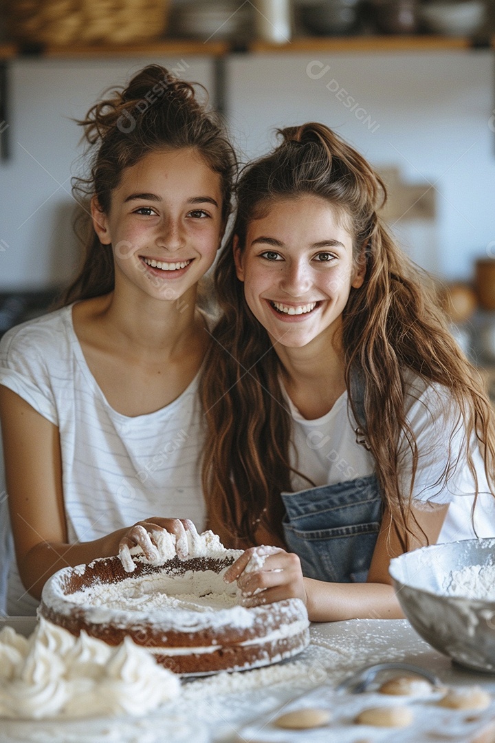 O vínculo alegre entre uma mãe e sua filha adolescente enquanto elas fazem um bolo juntas