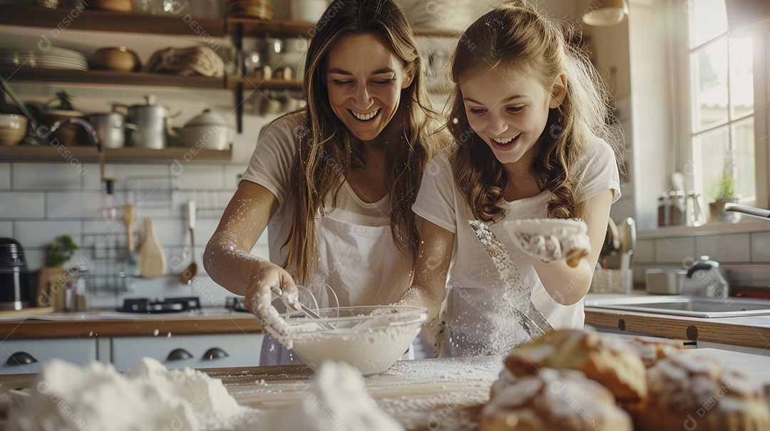 O vínculo alegre entre uma mãe e sua filha adolescente enquanto elas fazem um bolo juntas