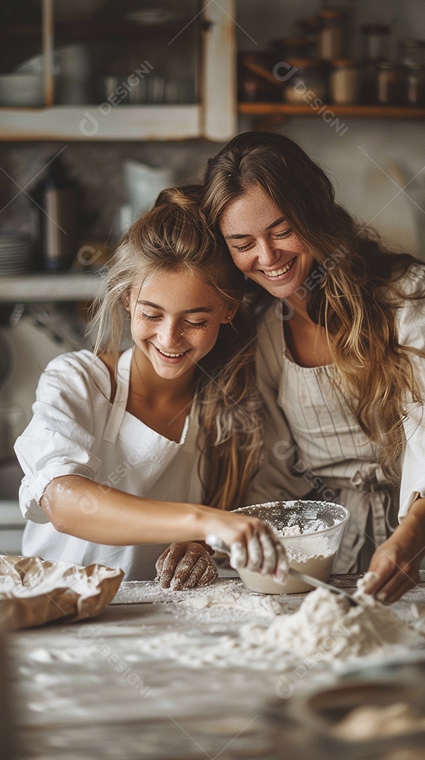 O vínculo alegre entre uma mãe e sua filha adolescente enquanto elas fazem um bolo juntas