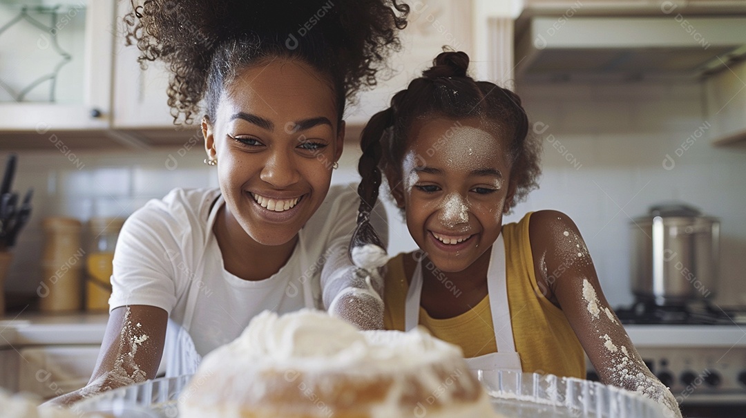 O vínculo alegre entre uma mãe e sua filha adolescente enquanto elas fazem um bolo juntas