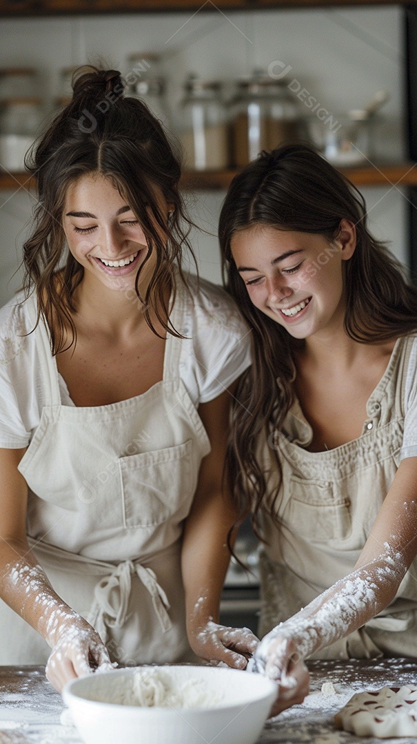 O vínculo alegre entre uma mãe e sua filha adolescente enquanto elas fazem um bolo juntas