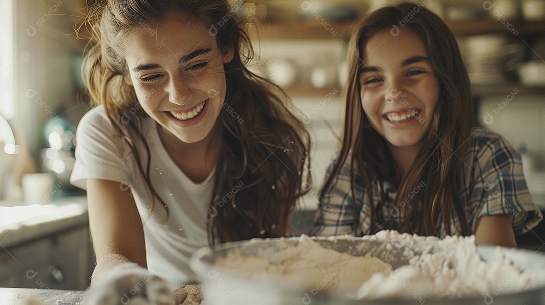 O vínculo alegre entre uma mãe e sua filha adolescente enquanto elas fazem um bolo juntas