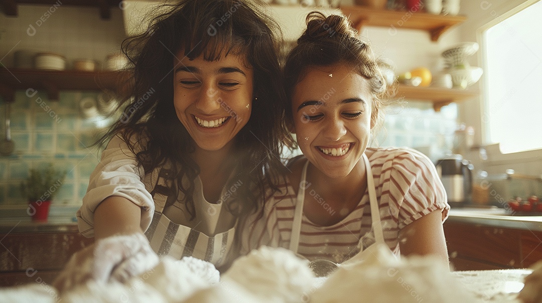 O vínculo alegre entre uma mãe e sua filha adolescente enquanto elas fazem um bolo juntas