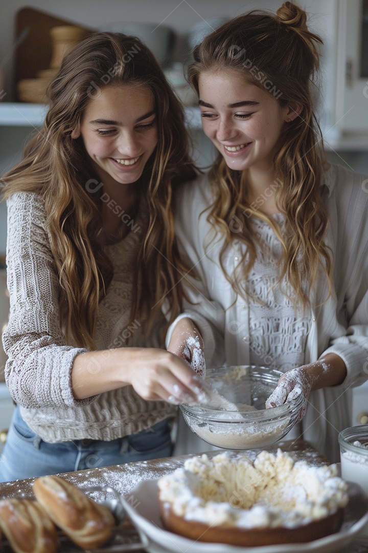 O vínculo alegre entre uma mãe e sua filha adolescente enquanto elas fazem um bolo juntas