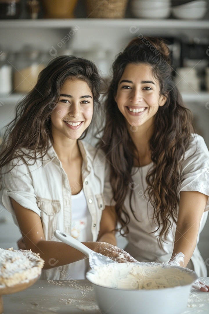 O vínculo alegre entre uma mãe e sua filha adolescente enquanto elas fazem um bolo juntas