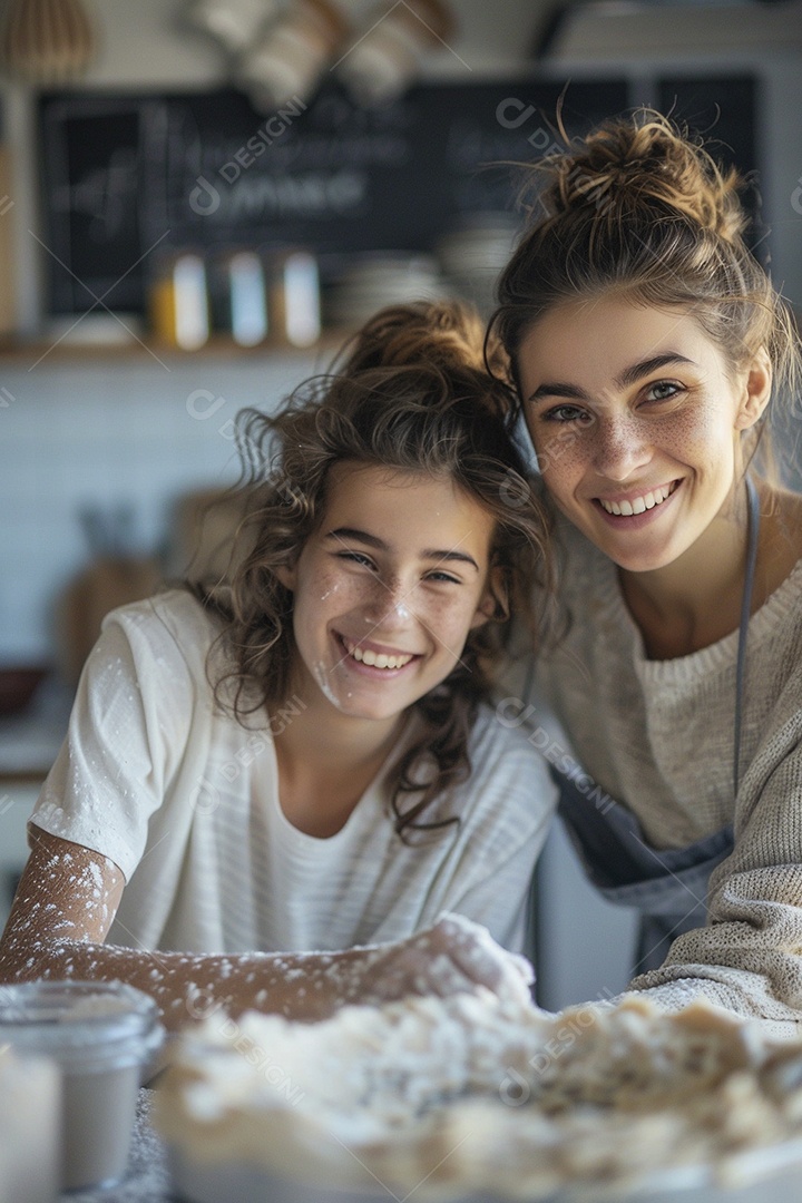 O vínculo alegre entre uma mãe e sua filha adolescente enquanto elas fazem um bolo juntas