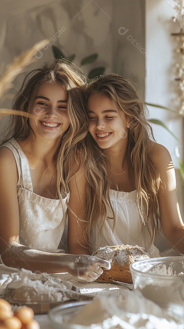 O vínculo alegre entre uma mãe e sua filha adolescente enquanto elas fazem um bolo juntas