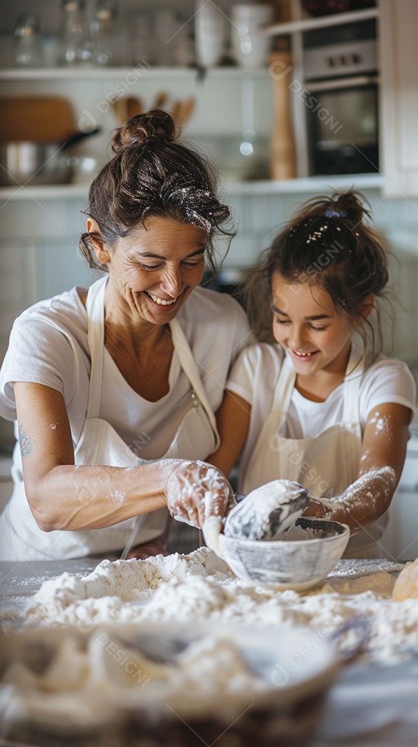 O vínculo alegre entre uma mãe e sua filha adolescente enquanto elas fazem um bolo juntas