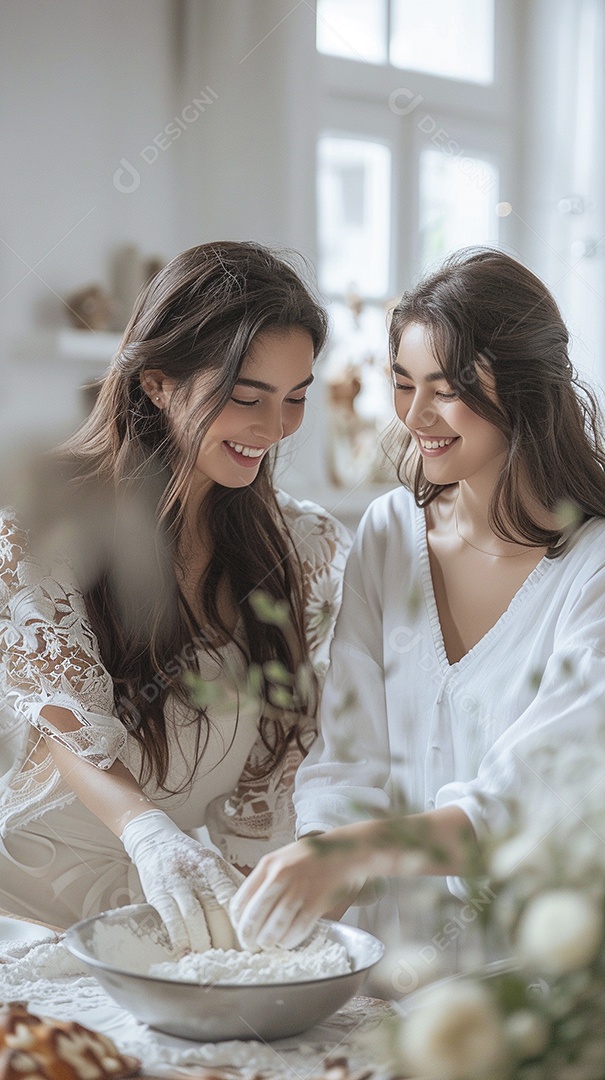 O vínculo alegre entre uma mãe e sua filha adolescente enquanto elas fazem um bolo juntas