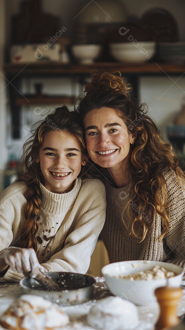 O vínculo alegre entre uma mãe e sua filha adolescente enquanto elas fazem um bolo juntas