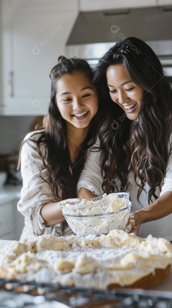 O vínculo alegre entre uma mãe e sua filha adolescente enquanto elas fazem um bolo juntas