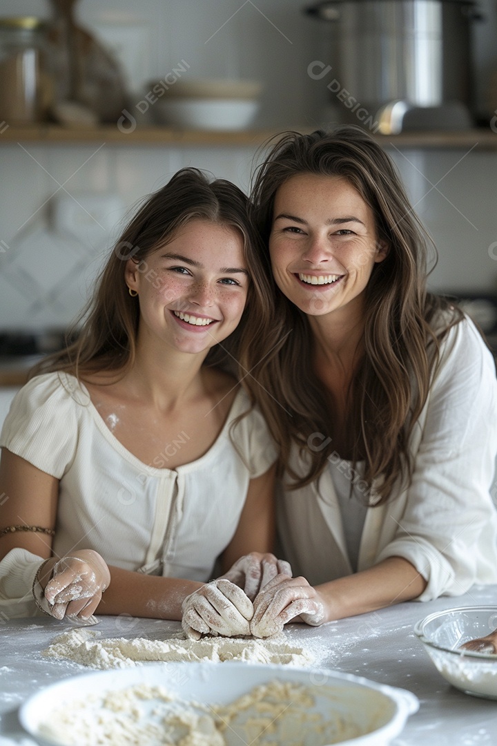 O vínculo alegre entre uma mãe e sua filha adolescente enquanto elas fazem um bolo juntas