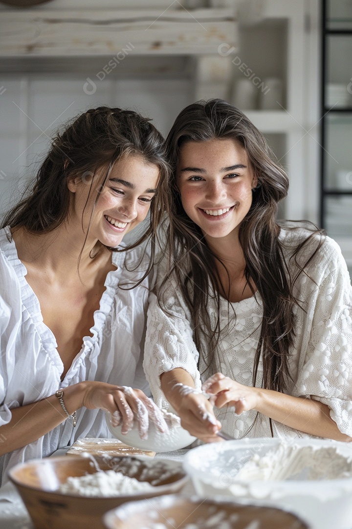 O vínculo alegre entre uma mãe e sua filha adolescente enquanto elas fazem um bolo juntas