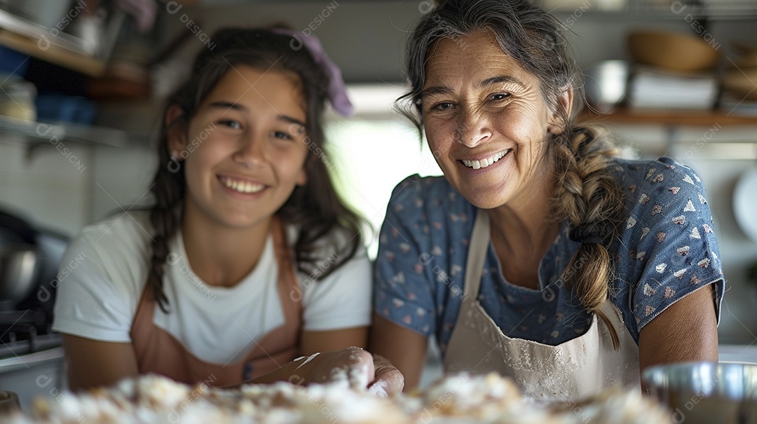 O vínculo alegre entre uma mãe e sua filha adolescente enquanto elas fazem um bolo juntas