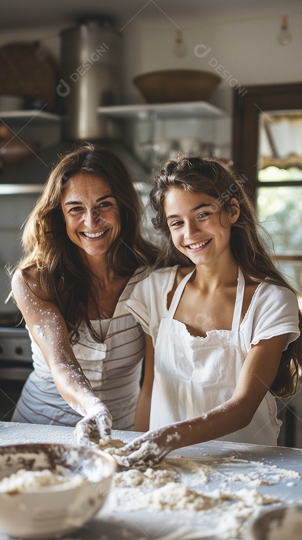 O vínculo alegre entre uma mãe e sua filha adolescente enquanto elas fazem um bolo juntas