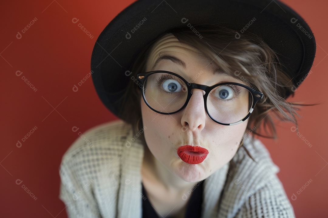 Blogueira maluca, usando óculos, olhando para a câmera, estilo ridículo e irônico