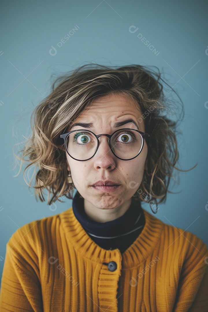 Blogueira maluca, usando óculos, olhando para a câmera, estilo ridículo e irônico