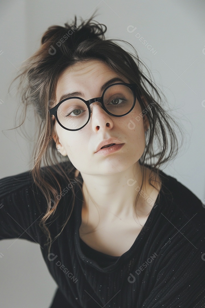 Blogueira maluca, usando óculos, olhando para a câmera, estilo ridículo e irônico