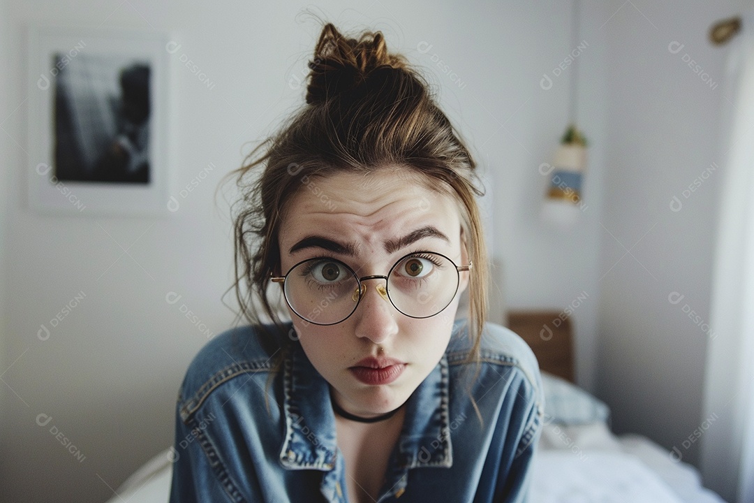 Blogueira maluca, usando óculos, olhando para a câmera, estilo ridículo e irônico