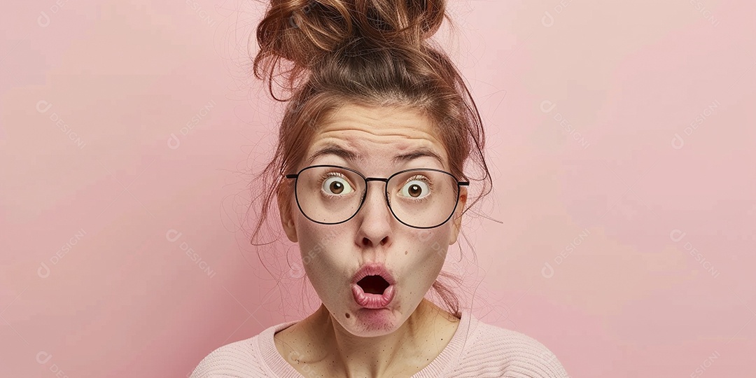 Blogueira maluca, usando óculos, olhando para a câmera, estilo ridículo e irônico