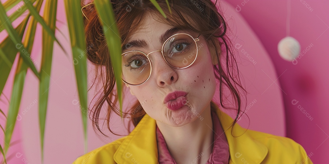 Blogueira maluca, usando óculos, olhando para a câmera, estilo ridículo e irônico