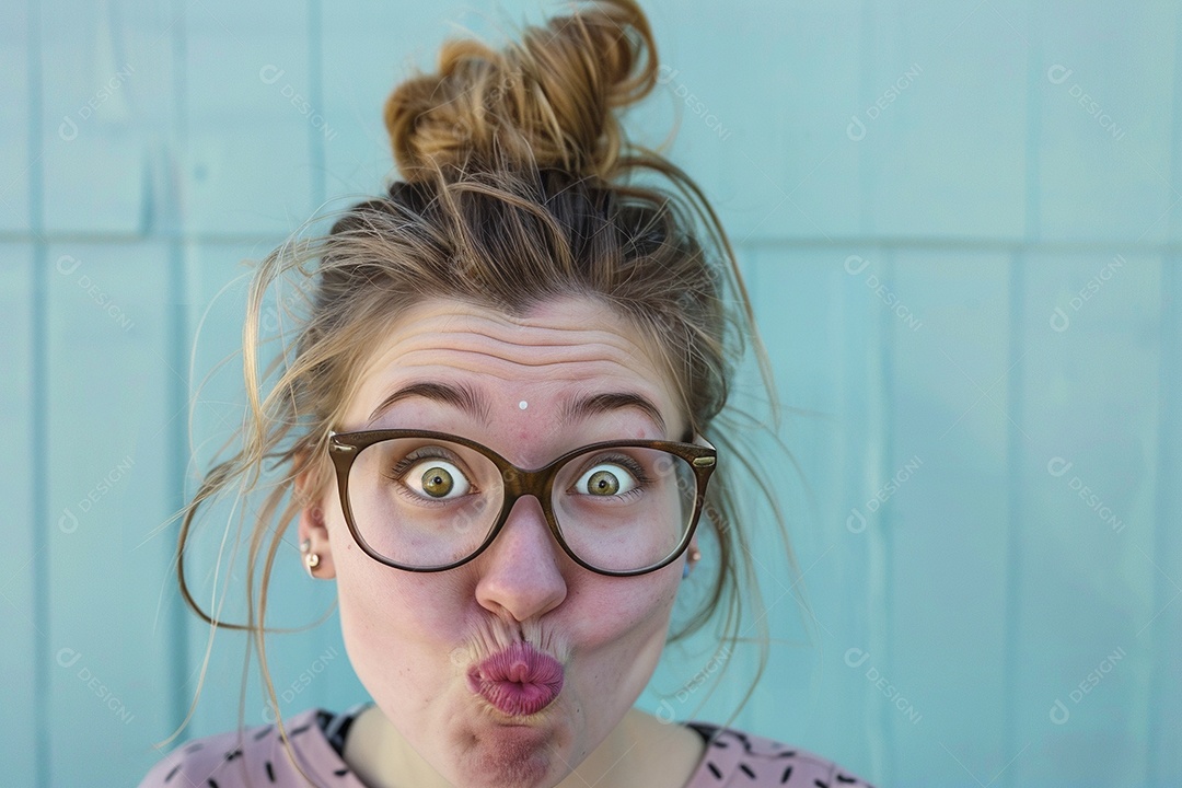 Blogueira maluca, usando óculos, olhando para a câmera, estilo ridículo e irônico