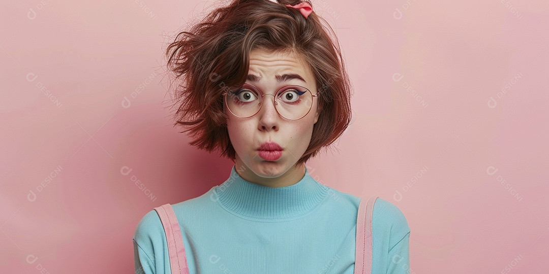 Blogueira maluca, usando óculos, olhando para a câmera, estilo ridículo e irônico